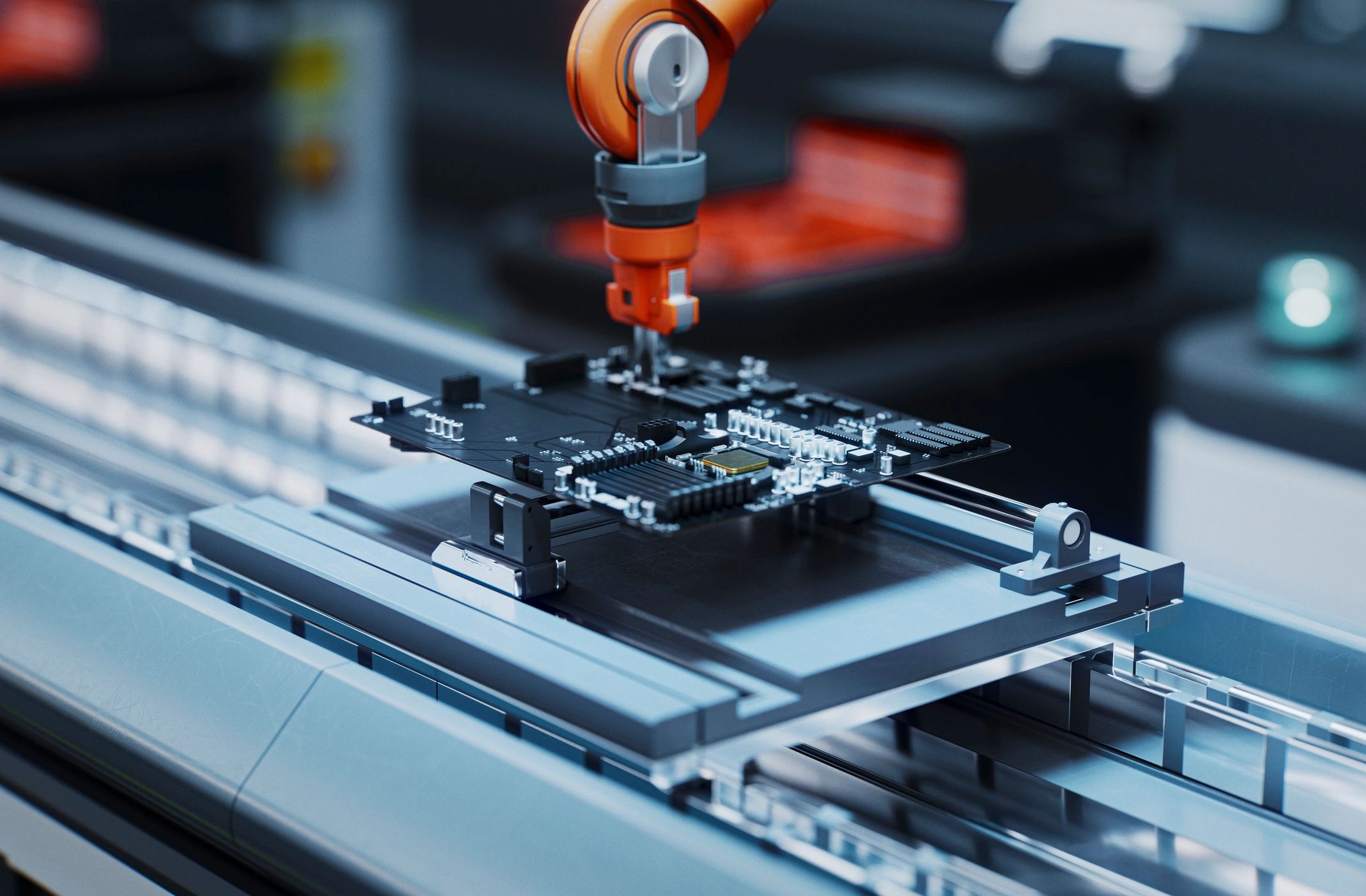 Robotic arm on an automated electronics production line